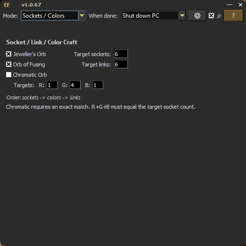 Socket, link, and color crafting screen