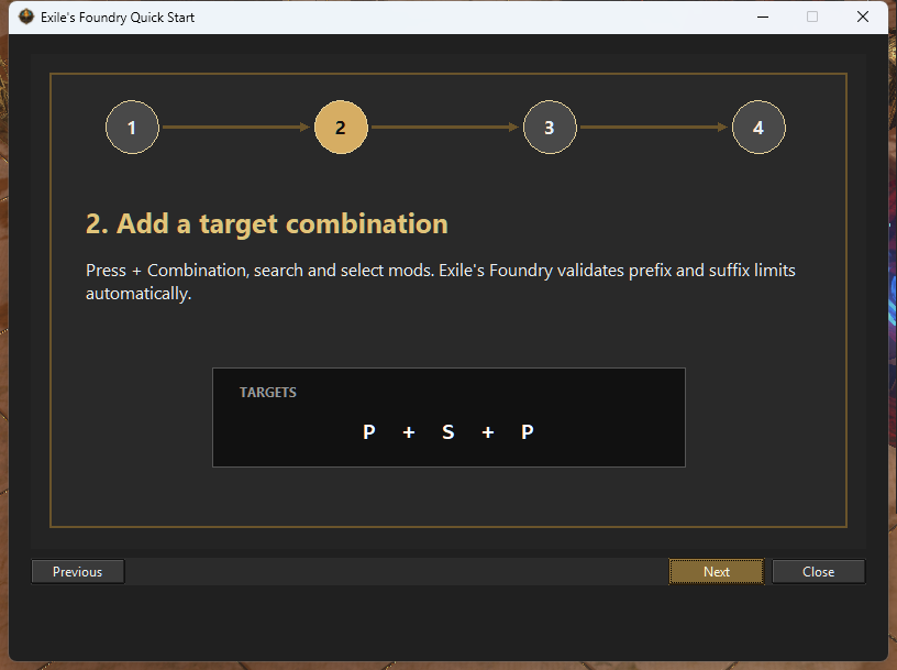 Quick Start step 2: add a target combination