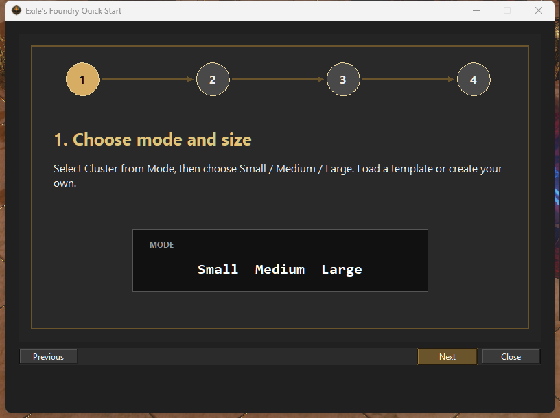 Quick Start step 1: choose mode and size